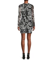 Guess Adrianna Collage Printed Long Sleeve Mesh Sheath Dress