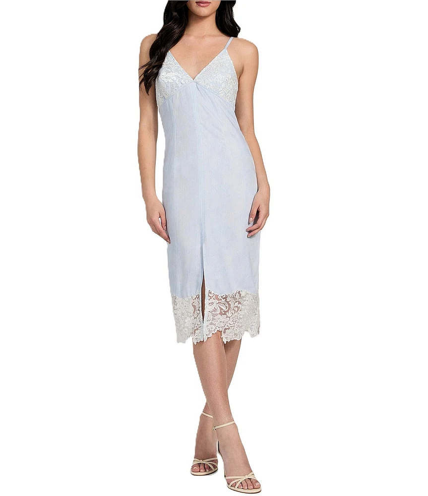 Guess Aria Sleeveless Lace Trimmed Denim Sheath Midi Dress