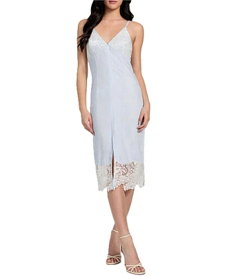 Guess Aria Sleeveless Lace Trimmed Denim Sheath Midi Dress