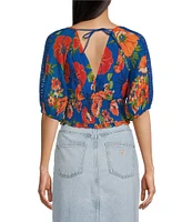 Guess Ariana Tropical Floral Print Tie Back Short Sleeve Top