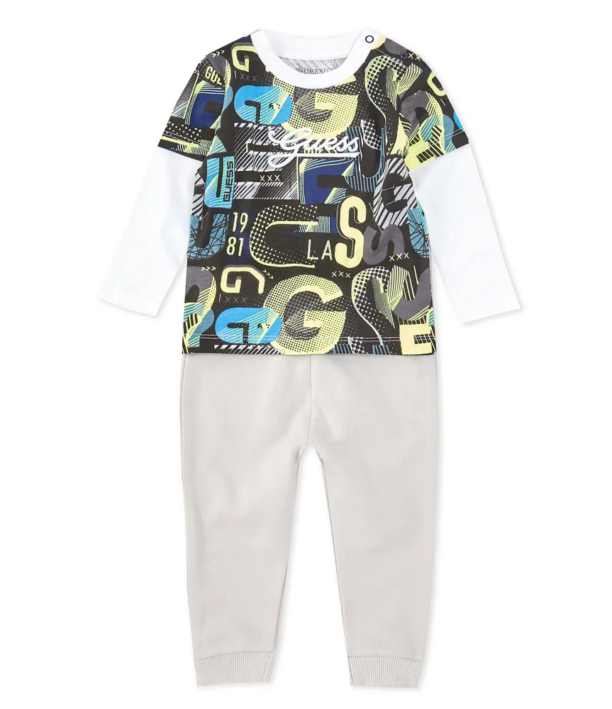 Guess Baby Boys 3-24 Months Long Sleeve Printed/Solid Two-Fer Jersey Tee & Solid French Terry Jogger Pants Set