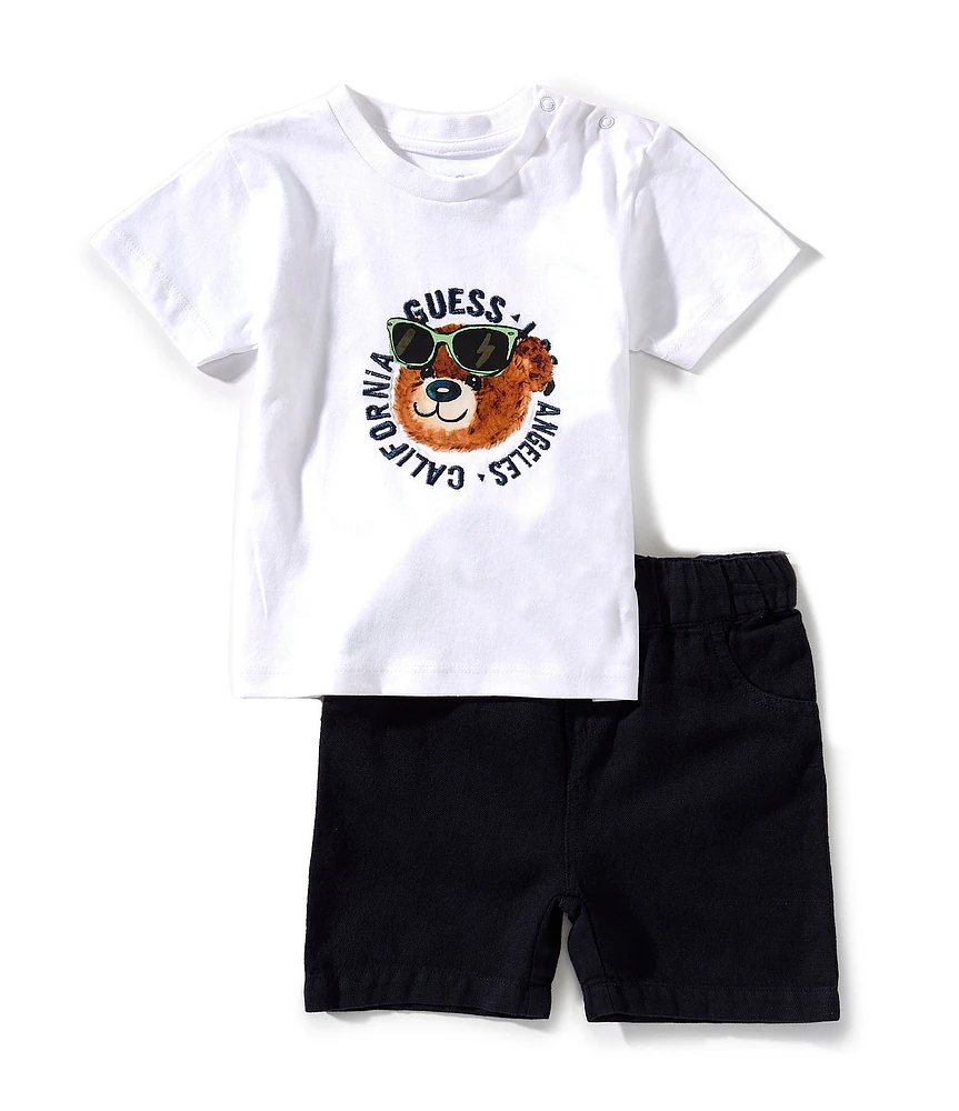 Guess Baby Boys 3-24 Months Short Sleeve Bear-Face-Graphic Knit T-Shirt & Linen-Blend Shorts Set