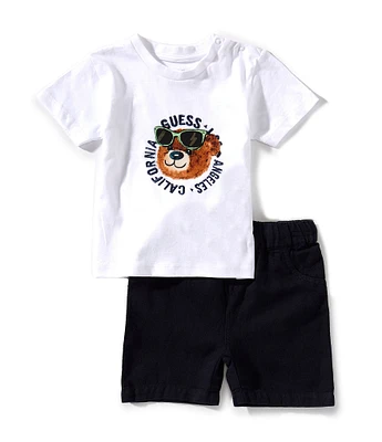 Guess Baby Boys 3-24 Months Short Sleeve Bear-Face-Graphic Knit T-Shirt & Linen-Blend Shorts Set