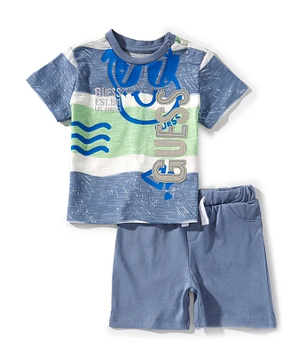 Guess Baby Boys 3-24 Months Short Sleeve Mixed-Media T-Shirt & Solid Slub Jersey Shorts Set