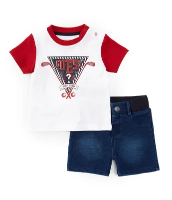 Guess Baby Boys 3-24 Months Short Sleeve Triangle Logo Color Block T-Shirt & Denim-Look Knit Shorts Set