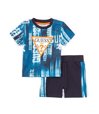 Guess Baby Boys 3-24 Months Short Sleeve Triangle Logo Mixed-Media-Printed T-Shirt & Coordinating Shorts Set