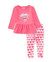 Guess Baby Girls 12-24 Months Long Sleeve Glitter-Accented Heart Patch Tunic Top & Heart-Printed Leggings Set