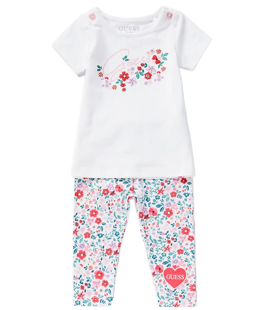 Guess Baby Girls 3-24 Months Glitter-Accented Logo/Puff-Print Tee & Floral Leggings Set