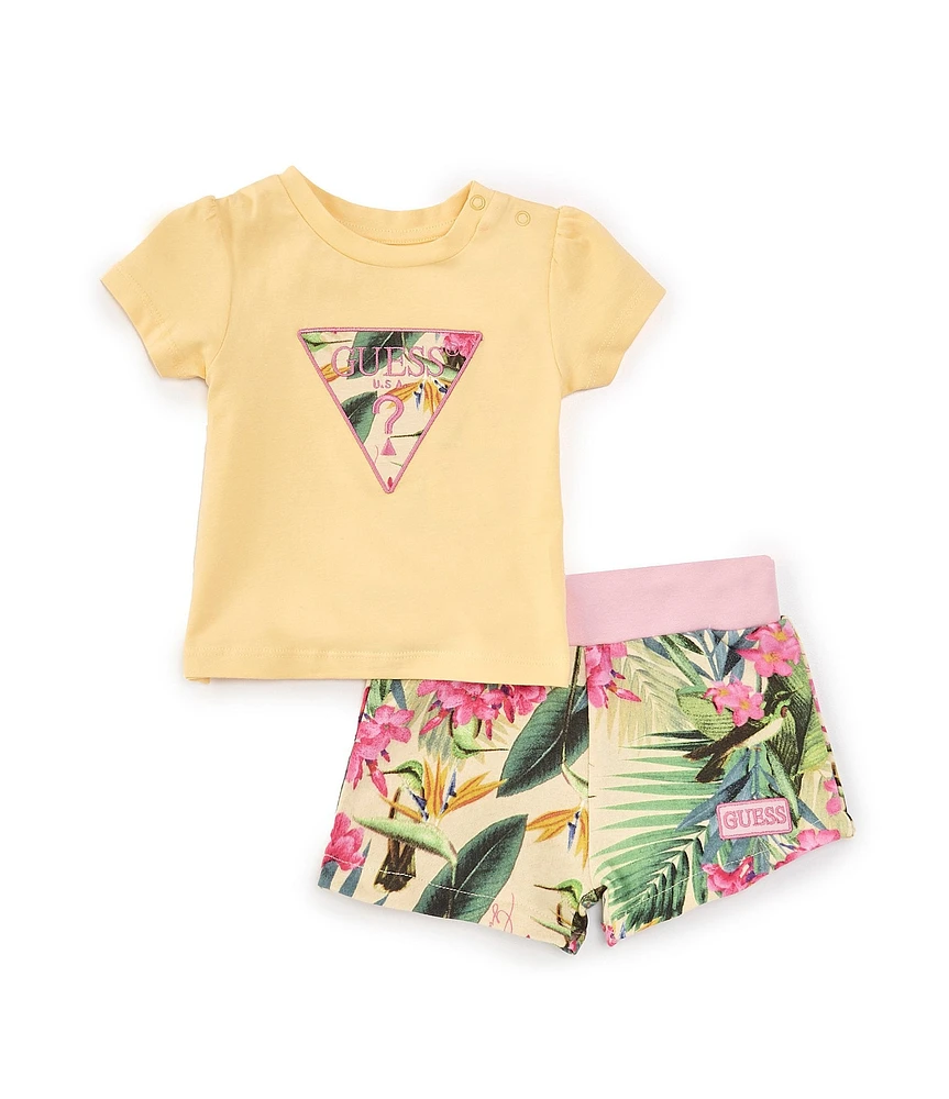 Guess Baby Girls 3-24 Months Short Sleeve Logo Jersey T-Shirt & Tropical Floral Printed French Terry Shorts Set