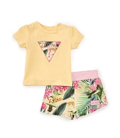 Guess Baby Girls 3-24 Months Short Sleeve Logo Jersey T-Shirt & Tropical Floral Printed French Terry Shorts Set