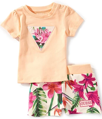 Guess Baby Girls 3-24 Months Tropical Print Triangle Logo Short Sleeve T-Shirt & Tropical Floral Print Shorts Set