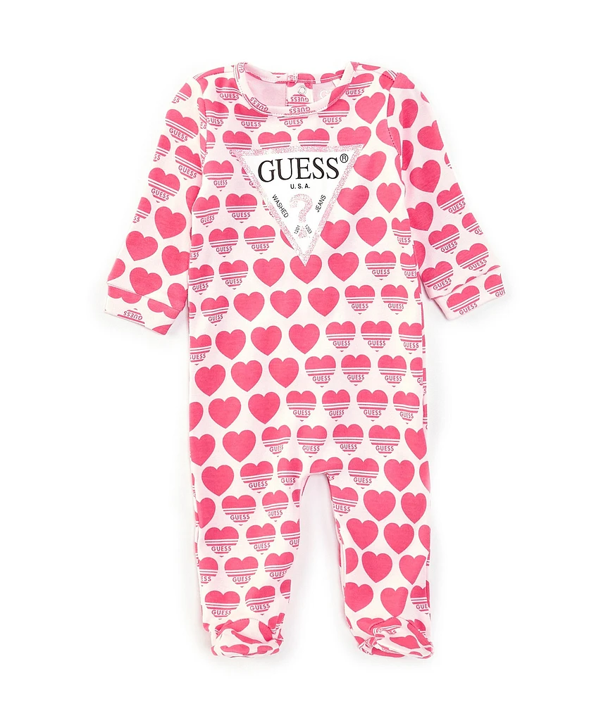 Guess Baby Girls Newborn-12 Months Long-Sleeve Heart-Printed Footed Coverall