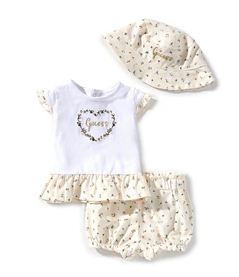 Guess Baby Girls Newborn-24 Months Floral Print Flutter Sleeve Top, French Terry Shorts & Hat Set