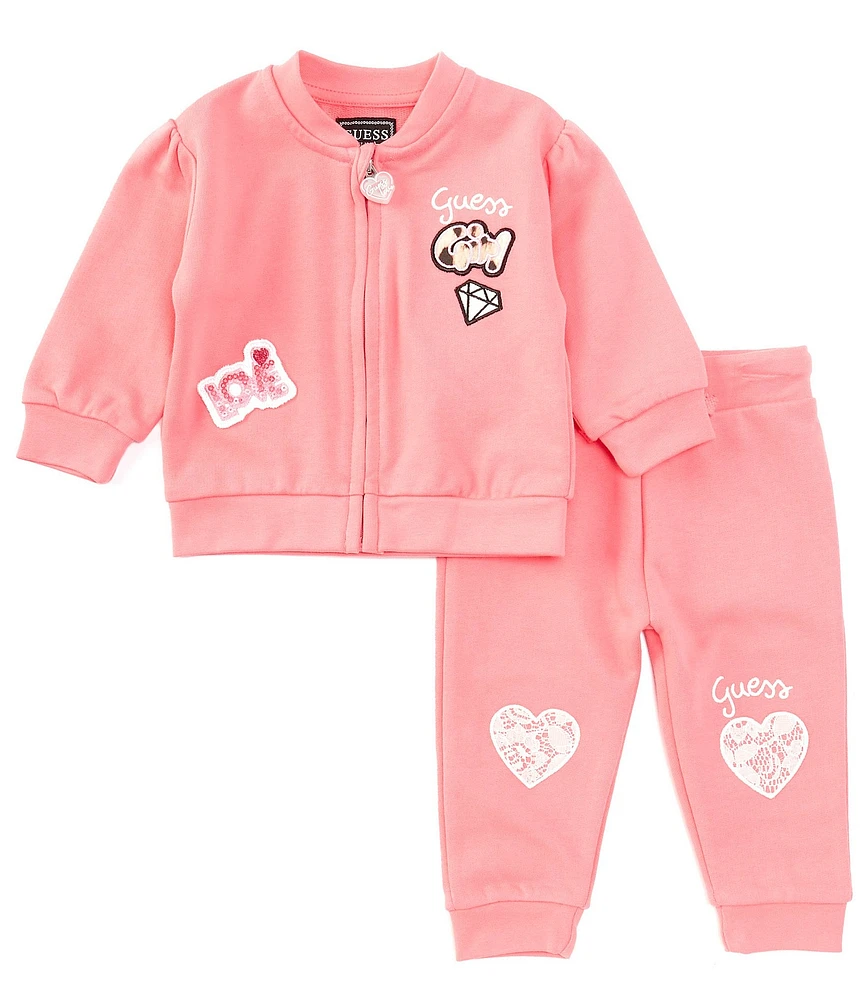 Guess Baby Girls Newborn-24 Months Long Sleeve Appliqued Patch French Terry Jacket & Heart-Patch French Terry Jogger Pant Set