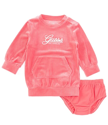 Guess Baby Girls Newborn-24 Months Long Sleeve Logo Rib-Velour Dress