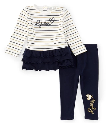 Guess Baby Girls Newborn-24 Months Long Sleeve Striped/Solid Drop-Waist Dress & Solid Leggings Set