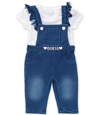 Guess Baby Girls Newborn-24 Months Ruffle-Shoulder Denim-Look Knit Overalls & Short Sleeve Solid Bodysuit Set