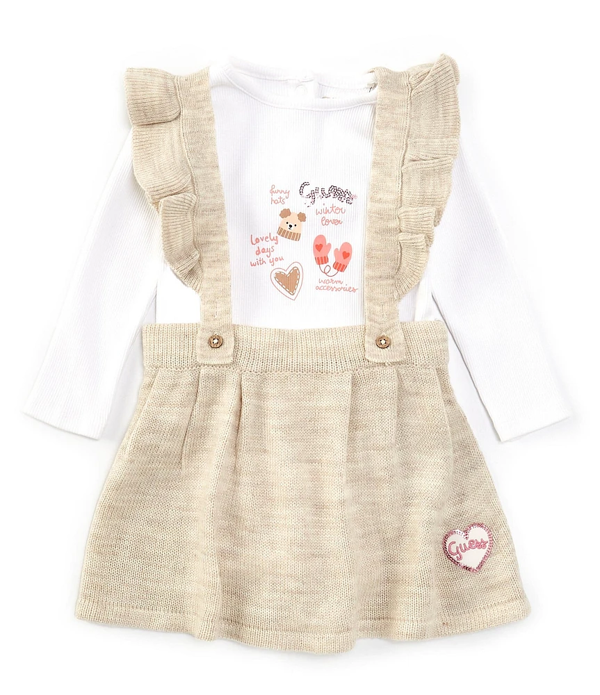 Guess Baby Girls Newborn-24 Months Ruffle-Shoulder Printed Jumper Dress & Long Sleeve Padded-Patch Applique Bodysuit