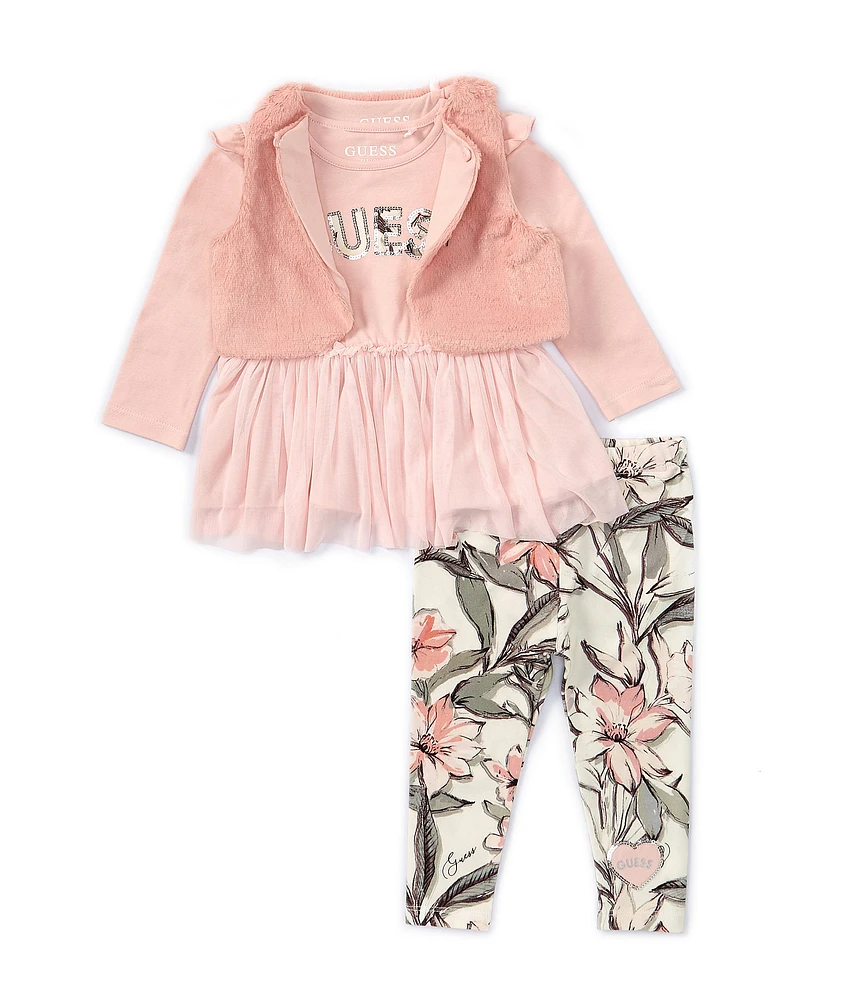 Guess Baby Girls Newborn-24 Months Sleeveless Faux-Fur Vest, Long Sleeve Foiled #double;Guess#double; Logo Tunic & Floral-Printed Leggings Set