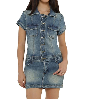 Guess Belted Short Sleeve Denim Dress