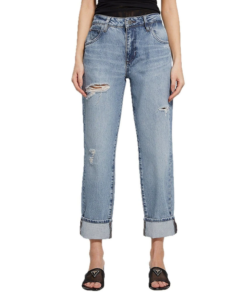 Guess Celia Mid Rise Destructed Cuffed Boyfriend Jeans