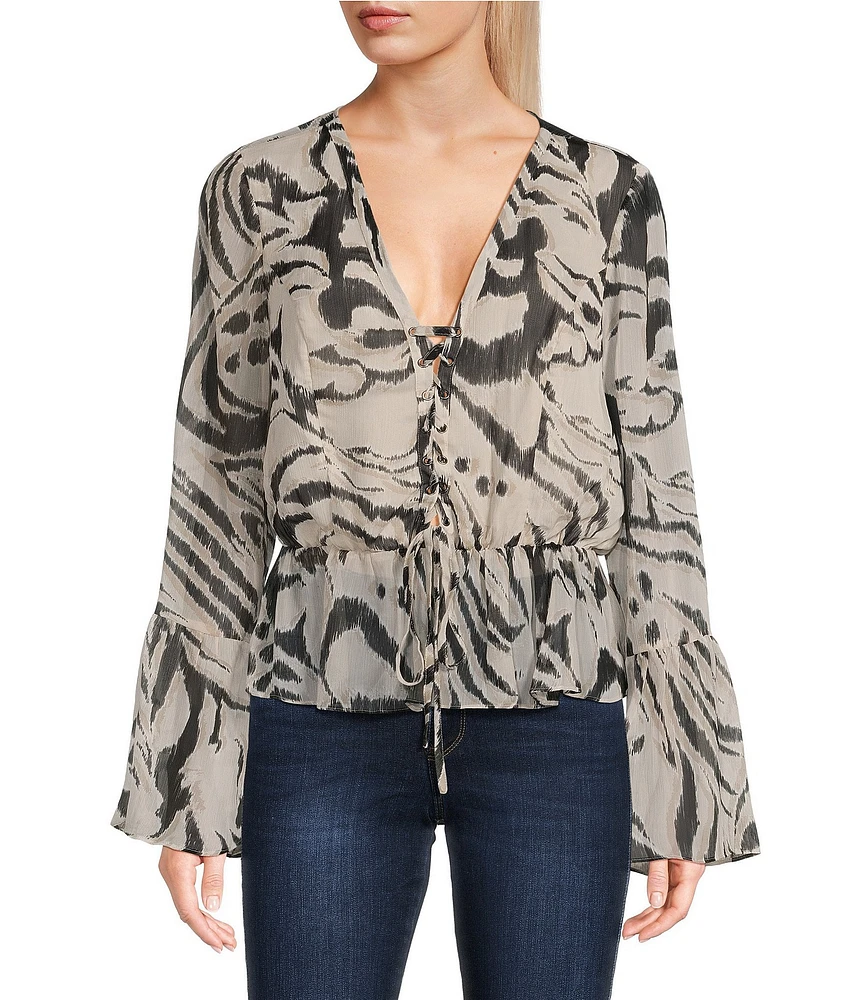 Guess Demi Zebra Printed Crinkle Chiffon Long Sleeve Blouse