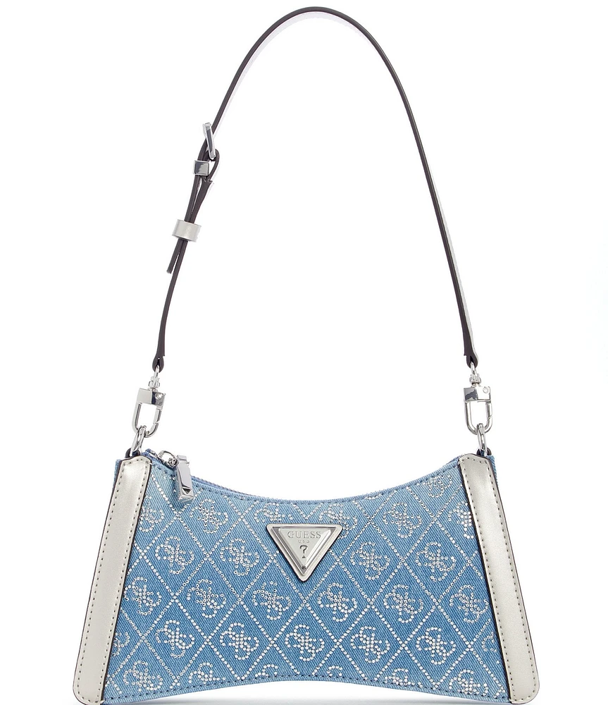 Guess Dili Denim Rhinestone Logo Top Zip Shoulder Bag