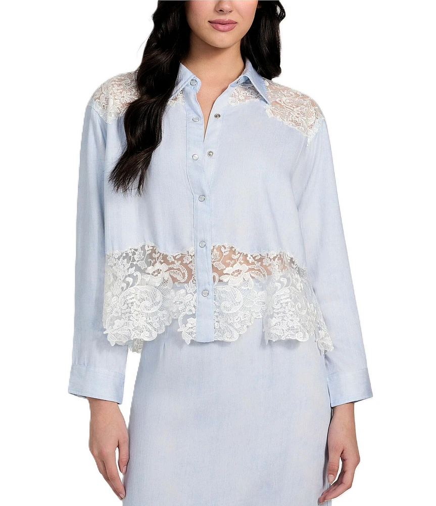 Guess Evie Lace Trimmed Long Sleeve Denim Top