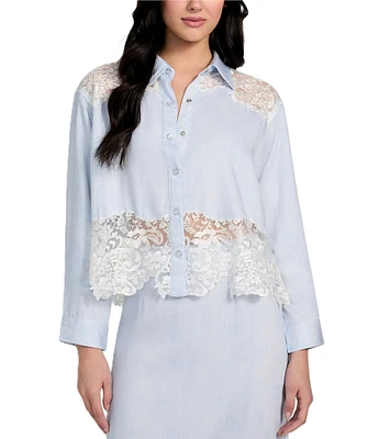 Guess Evie Lace Trimmed Long Sleeve Denim Top