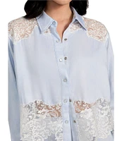 Guess Evie Lace Trimmed Long Sleeve Denim Top
