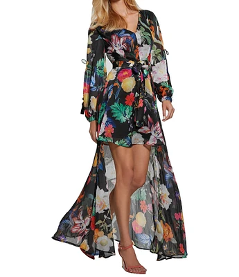 Guess Farrah Walk Through Floral Print Long Sleeve Walk-Through Dress