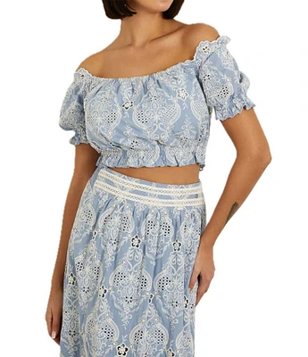 Guess Frida Off-The-Shoulder Short Sleeve Printed Crop Top