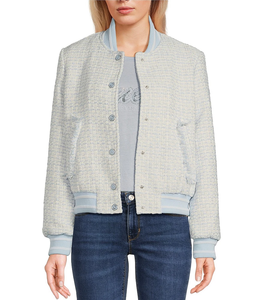 Guess Gloria Long Sleeve Tweed Bomber Jacket