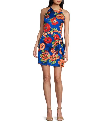 Guess Harper Tropical Floral Print Halter Neck Tie Waist Mini Dress