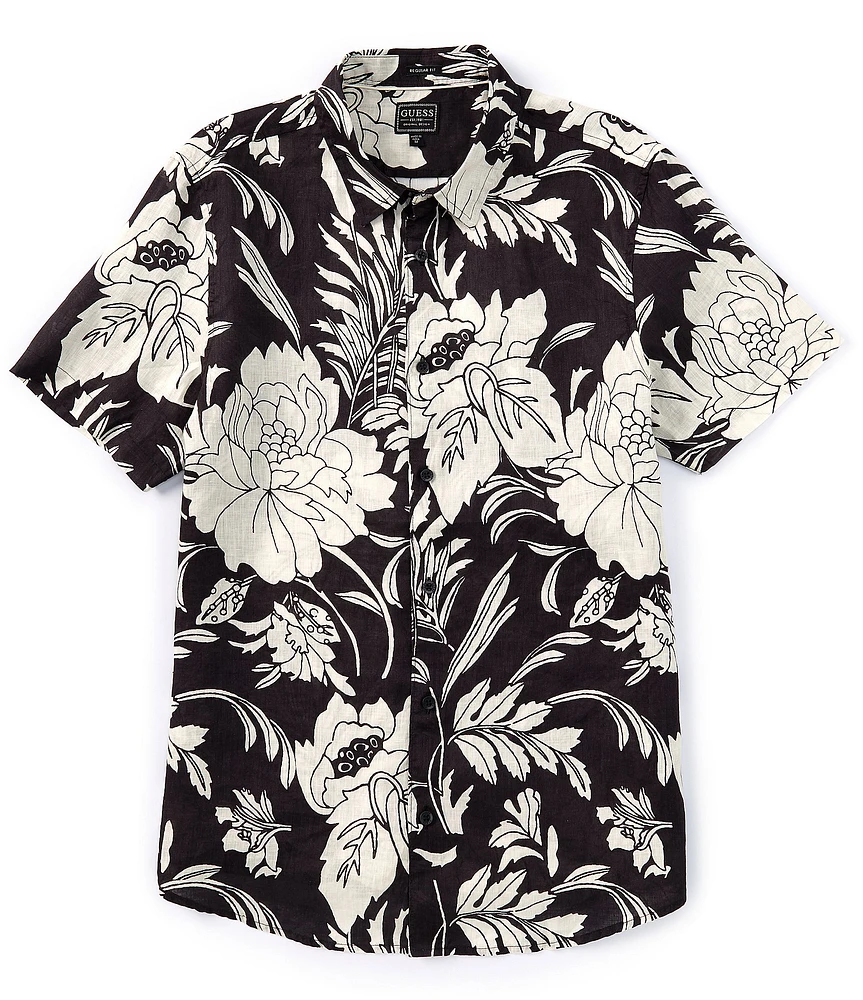 Guess Island Floral Printed Short Sleeve Linen Shirt