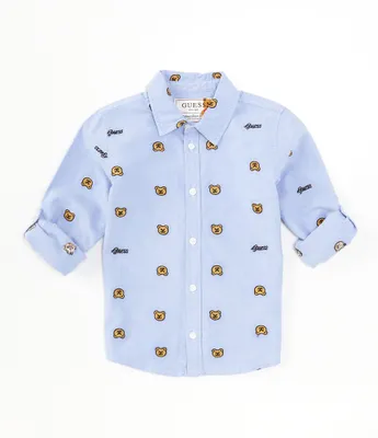 Guess Little Boys 2T-7 Long Sleeve Bear Embroidered/Logo-Printed Oxford Shirt