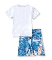 Guess Little Boys 2T-7 Short Sleeve Graphic Active Top & Allover Print Short 2-Piece Set