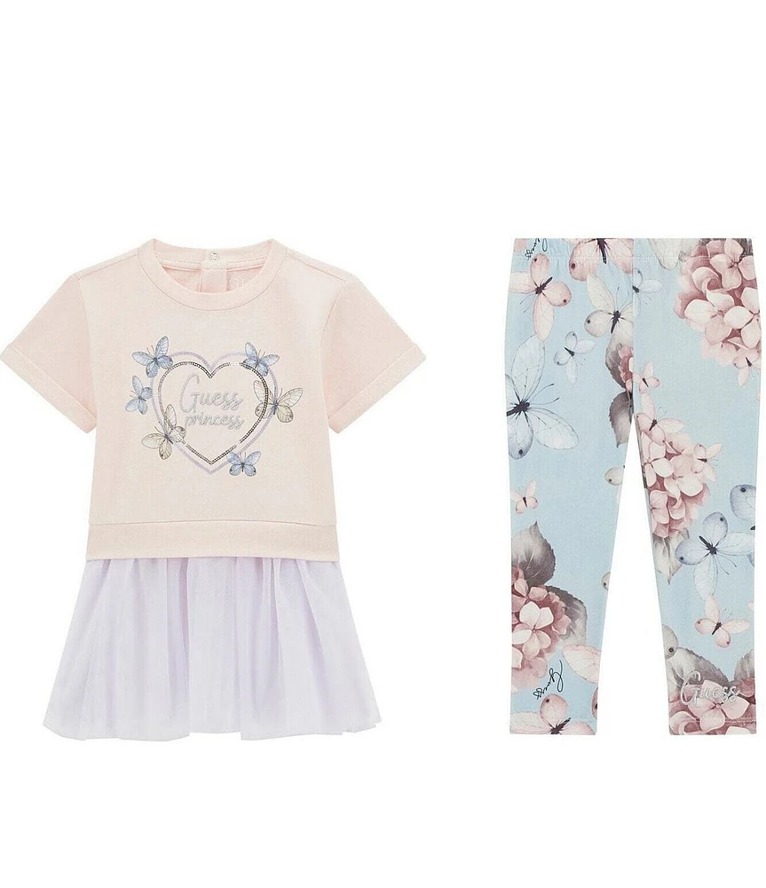 Guess Little Girls 2T-6X Short Sleeve Floral & Butterflies Graphic Mesh Layer Top & Printed Leggings Set