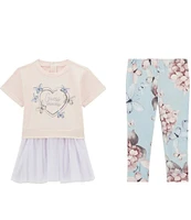 Guess Little Girls 2T-6X Short Sleeve Floral & Butterflies Graphic Mesh Layer Top & Printed Leggings Set