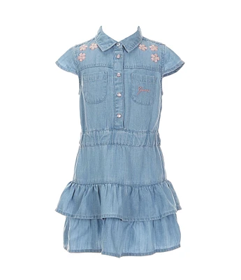 Guess Little Girl's 2T-7 Cap Sleeve Embroidered Ruffle Denim Dress