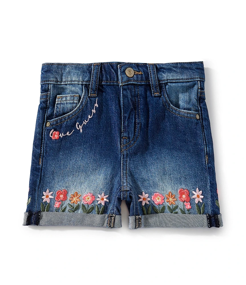 Guess Little Girls 2T-7 Flower Embroidered Five-Pocket Denim Shorts