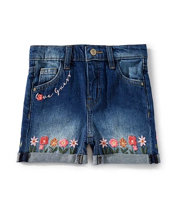 Guess Little Girls 2T-7 Flower Embroidered Five-Pocket Denim Shorts
