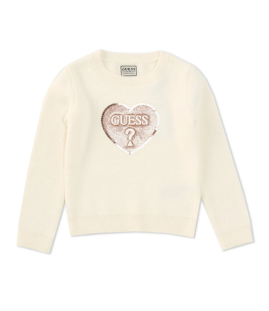 Guess Little Girls 2T-7 Long Sleeve Heart-Shaped Embroidered Logo Sweater