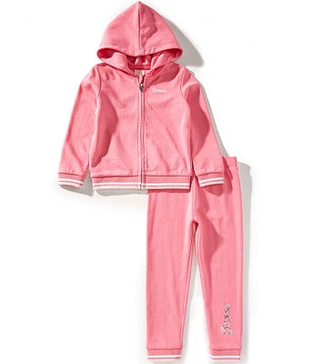 Guess Little Girls Long-Sleeve Lurex-Embroidered-Logo Hooded Jacket & Matching Logo-Detailed Jogger Pant Set