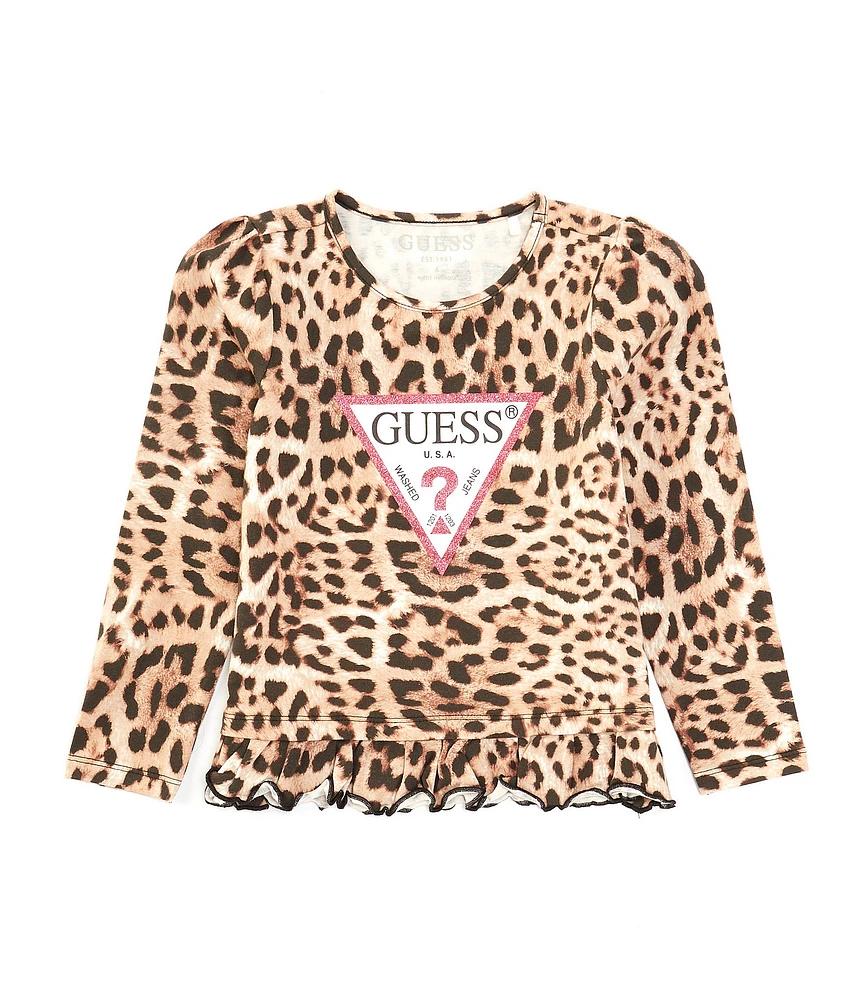 Guess Little Girls 2T-7 Long Sleeve Triangle Logo Cheetah-Print Tunic Top