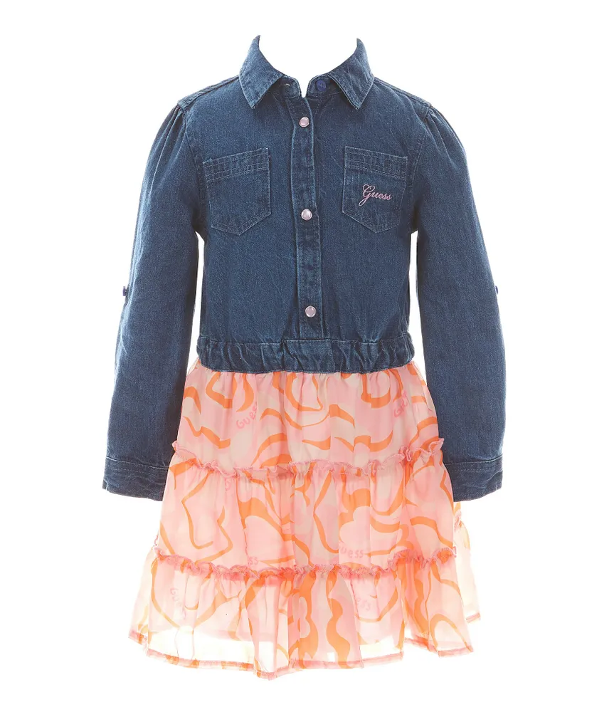 Guess Little Girls 2T-7 Mixed Fabric Denim Tiered Dress