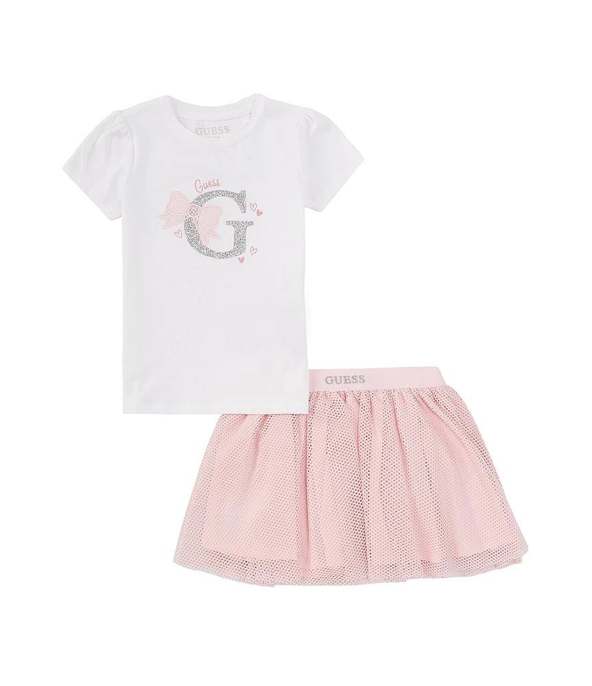 Guess Little Girl's 2T-7 Puff Sleeve Stretch Jersey Bow Top & Mesh Outer Layer Net Skirt Set