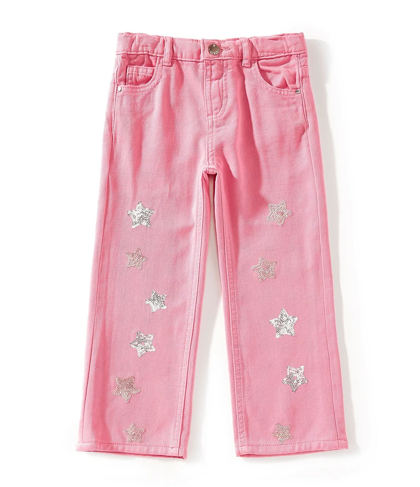 Guess Little Girls Sequin-Embellished Star-Embroidered Wide-Leg Pants