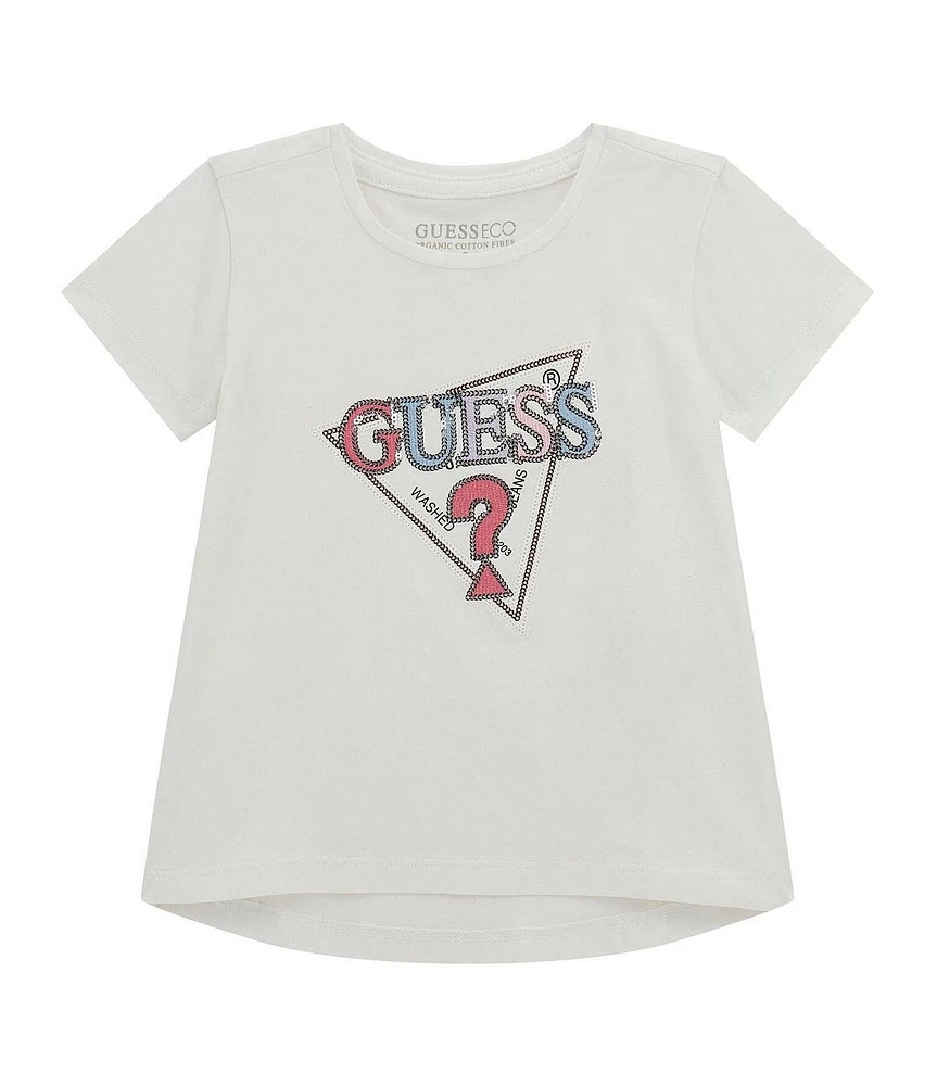 Guess Little Girls Short Sleeve Sequin-Embellished Embroidered Triangle-Shaped Motif T-Shirt