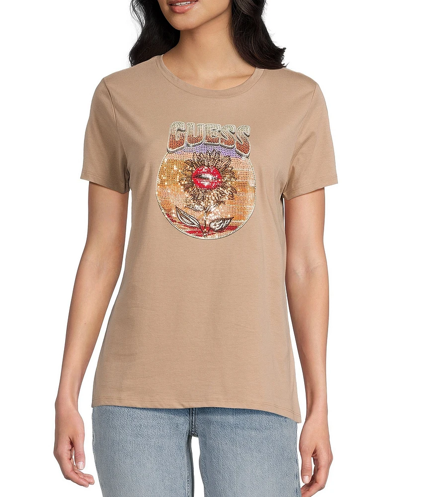 Guess Logo Detailed/Desert Flower Rhinestone Graphic Short Sleeve T-Shirt